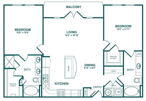 Floor plan for 2 beds, 2 baths, 1223 sqft